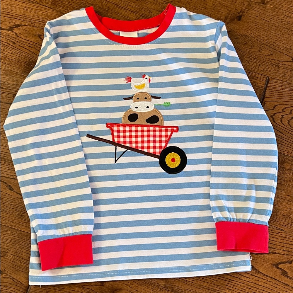 Striped Blue and White with Red trim Kids Shirt with Farm Animal Design